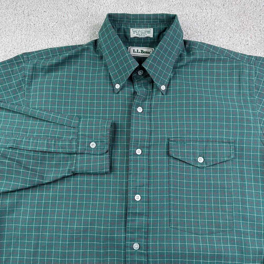Vintage LL Bean Shirt Mens 16.5 33 Green Check Oxford Button Down OCBD USA 90s